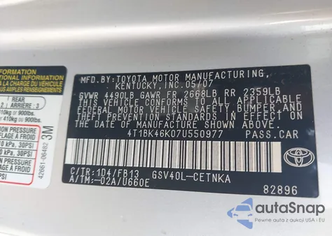 2007 Toyota Camry Le V6 z USA, uszkodzony, nr VIN 4T1BK46K07U550977